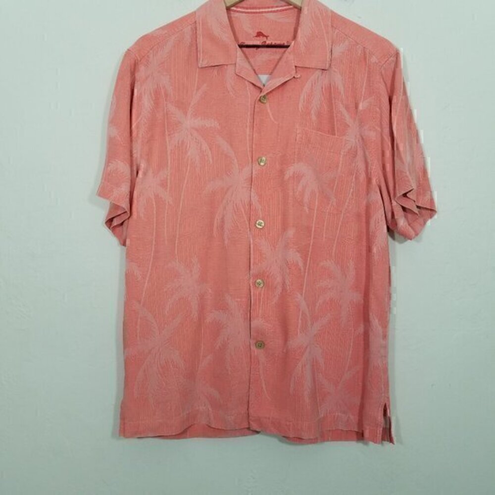 Tommy Bahama Silk Button Down Shirt Short Sleeve Orange Palm Print Size M - Picture 1 of 4